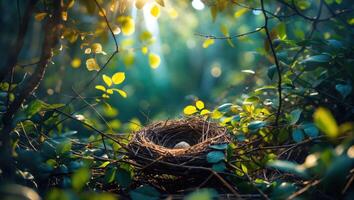 Bird's Nest with Egg Amidst Green Foliage in Forest Sunlight photo