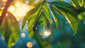 Water Drop Hanging From Leaf with Reflection and Sunlight Glow photo