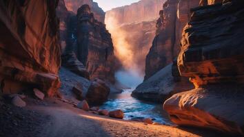 River Flowing Through Canyon with Rock Walls and Golden Light photo