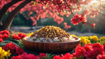Rice Dish with Beans Garnished in Blossom Garden Setting photo