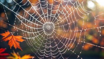 Spiderweb with Water Droplets and Fall Leaves in Early Morning Light photo
