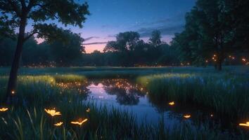 Tranquil Pond Landscape with Glowing Lights at Dusk Reflection photo