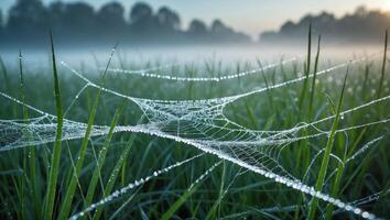 Dew Drops on Spider Web in a Grassy Field with Fog photo