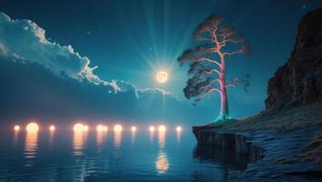 Serene Ocean View with Glowing Orbs and Tree at Night photo