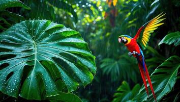 Flying Macaw in Rainforest During Rainfall Surrounded by Tropical Leaves photo