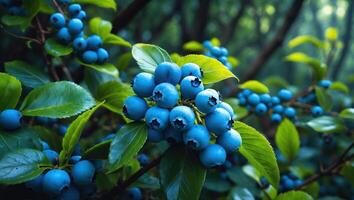 Harvesting Fresh Blueberries Growing on Bush in Forest Setting photo