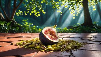 Sliced Fig with Pistachios on Tiled Surface in Forest Setting photo