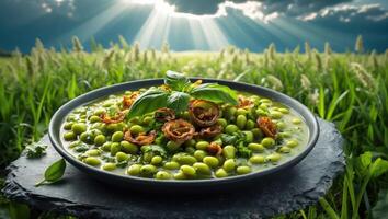 Serving of Green Bean Soup Topped with Basil in Nature photo