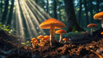Mushroom Patch in Forest with Sunlight Filtering Through the Trees photo