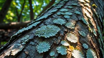 Fallen Tree Trunk Covered in Lichen Close-up in a Forest photo