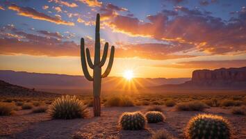 Cactus in Desert at Sunset with Rays of Sunlight Shining Through photo
