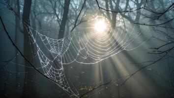 Spiderweb Dewdrops Catching Sunlight in Forest with Foggy Background photo
