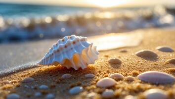 Seashell Resting on Sandy Beach with Ocean Waves at Sunset photo