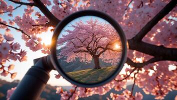 Cherry Blossom Tree Reflected in Lens During Spring Sunset photo