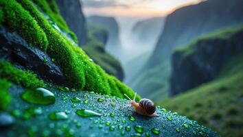 Snail Crawling on Wet Leaf with Mountain View in Background photo