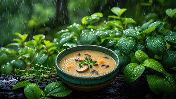 Serving Creamy Mushroom Soup in Rainy Greenery Setting for Cozy Meal photo