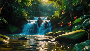 Waterfall Flowing Through Lush Green Jungle with Flying Birds photo