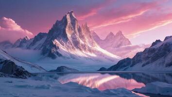 Snowy Mountain Peaks Reflected in Calm Winter Lake at Sunset photo