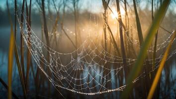 Dew Covered Cobweb in Grassy Field at Sunrise with Mist photo