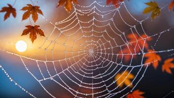 Spiderweb Covered in Dewdrops with Colorful Leaves on a Fall Day photo