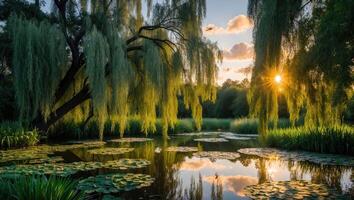 Pond Reflecting Sunset Light Through Weeping Willow Trees and Lily Pads photo