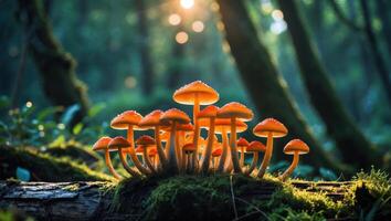 Glowing Mushrooms Growing on Log in Forest with Bokeh Sunlight photo