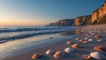 Seashells on Beach at Sunset with Cliffs and Ocean Waves photo