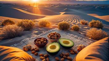Picnic with Avocado and Almonds in Desert Landscape at Sunset photo