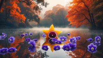 Orange Starfruit and Violet Petals Floating in Misty Lake Scene photo