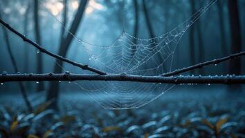 Spiderweb with Water Droplets in Forest with Moody and Atmospheric Lighting photo