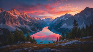 Deer by Mountain Lake at Sunset with Sky Reflection and Pines photo