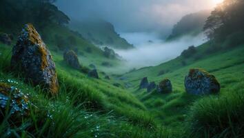 Fog Rolling Through Green Valley with Mossy Rocks and Dew photo
