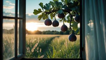 Figs Hanging on Branch with Summer Field View Through Window photo