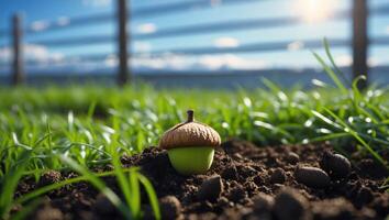 Acorn Seedling Planting in Soil with Fence and Blue Sky photo