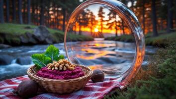 Beet Dip with Walnuts by River at Sunset in Forest photo
