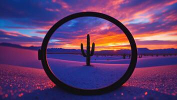 Cactus in Desert Sunset Viewed Through a Lens Reflecting Colorful Sky photo