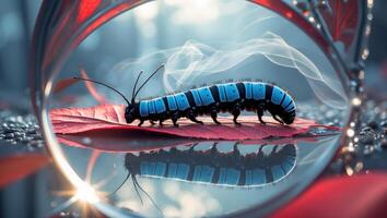 Caterpillar Crawling on a Leaf with Reflection in Natural Setting photo