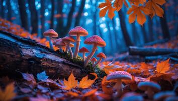 Mushrooms Growing on Log with Autumn Leaves in Mystical Forest photo
