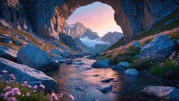 Scenic Mountain Stream Flowing Through Stone Arch with Mountain Backdrop photo