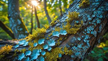 Tree Branch Covered in Lichen and Moss with Sunlight Shining Through photo
