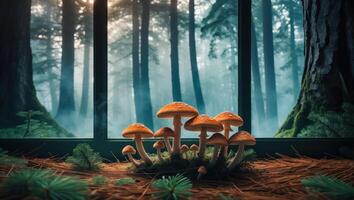 Mushrooms in Forest Displayed on Window Sill with Pine Needles photo