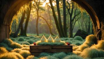 Scenic Forest Setting with Decorative Objects on Wood Platform photo