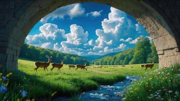 Deer Grazing in Meadow Under Stone Archway with Stream Flowing photo