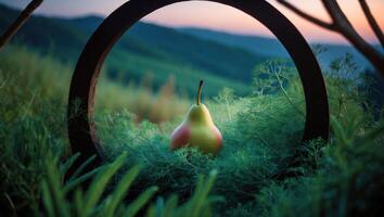 Pear Still Life Framed by Circle with Distant Mountain View photo
