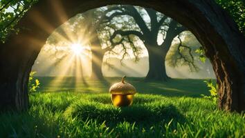 Golden Acorn Resting on Grass with Sunlight Streaming Through Trees photo