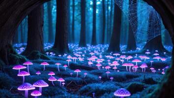 Glowing Mushrooms in Forest at Night with Web and Trees photo
