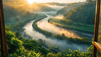 Scenic River Valley View Through Open Window with Morning Mist photo