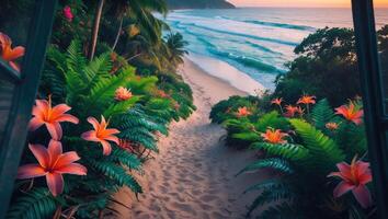 Tropical Beach View From Window with Flowers and Palm Trees photo