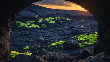 Cave View of Rocky Landscape with Moss and Sunset Scenery photo