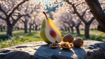 Pear and Walnuts Still Life with Blooming Orchard Background photo